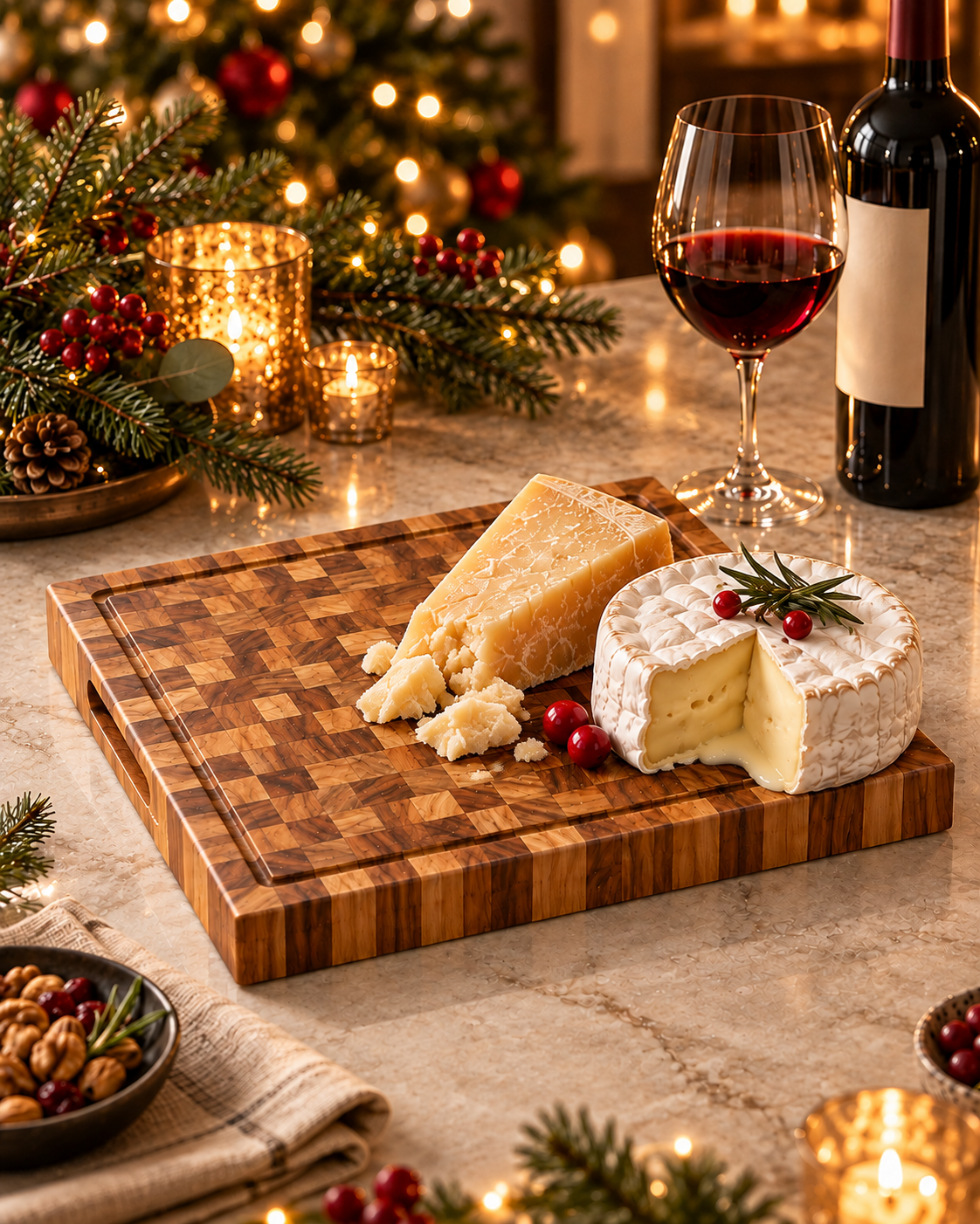 Tabla LEGADO de 25 x 35 cm con quesos finos y vino como regalo empresarial navideño