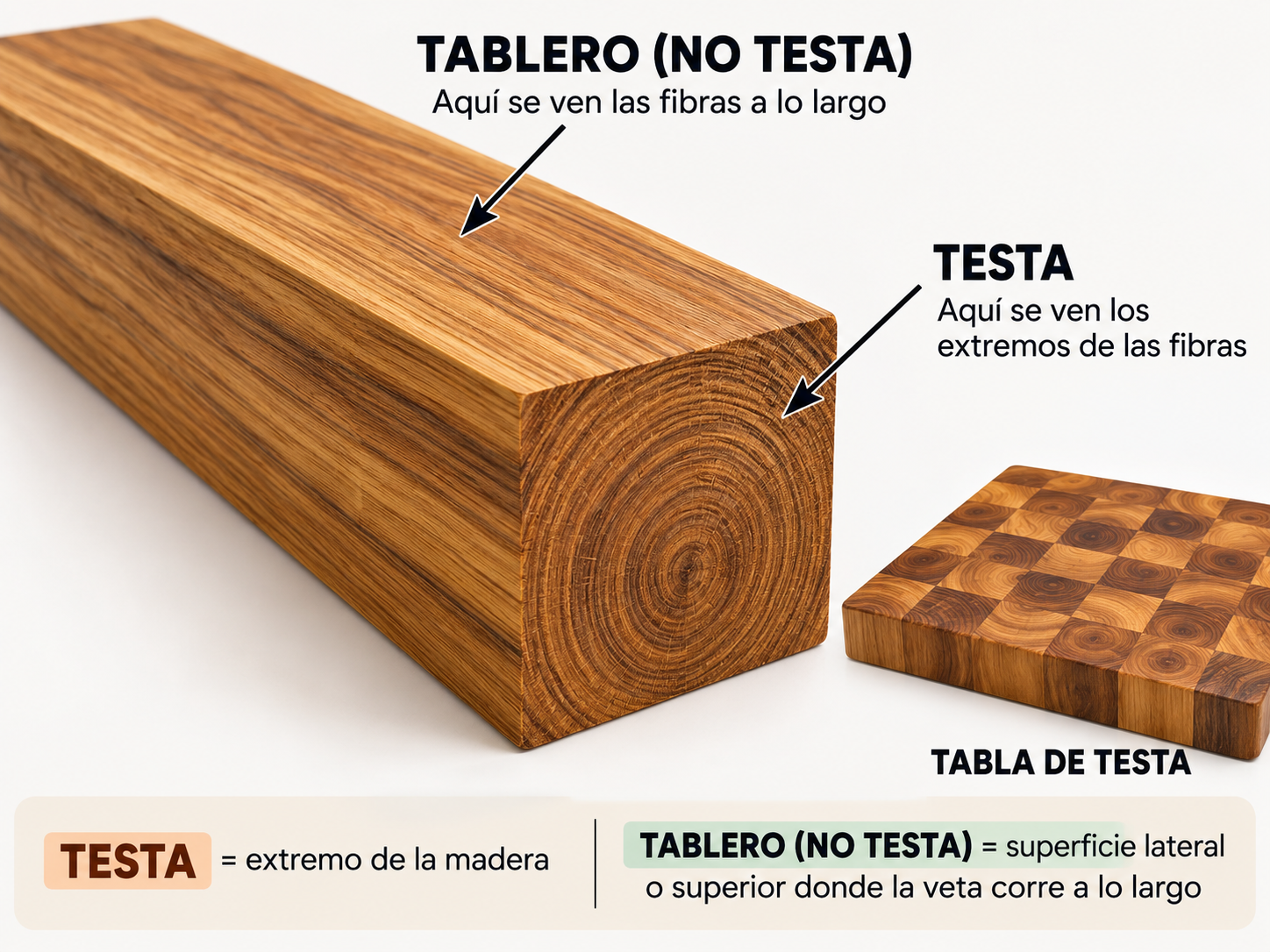 Infografía que explica la testa y la veta longitudinal de un tablón
